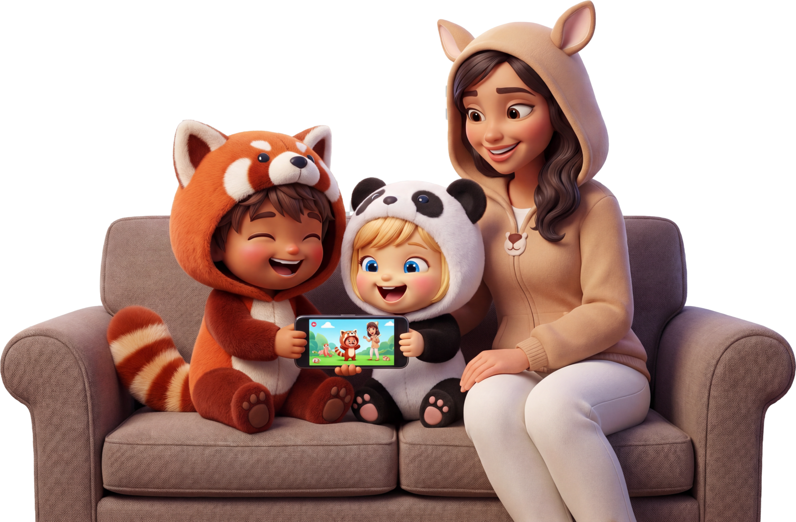 Iris reviewing the family dashboard with Pip and Rio
